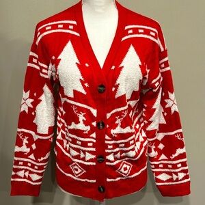 Women’s Holiday Cozy‎ Cardigan Red/White Festive Size Large Unique Jolly Sweater